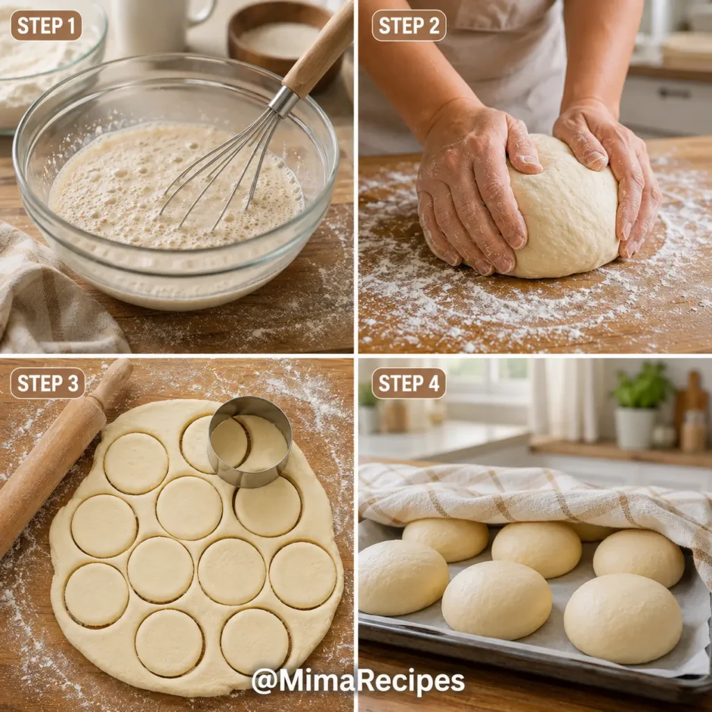 Four-step collage showing how to make homemade Berliner donuts by activating yeast, kneading dough, rolling and cutting dough circles, and proofing the dough before frying.