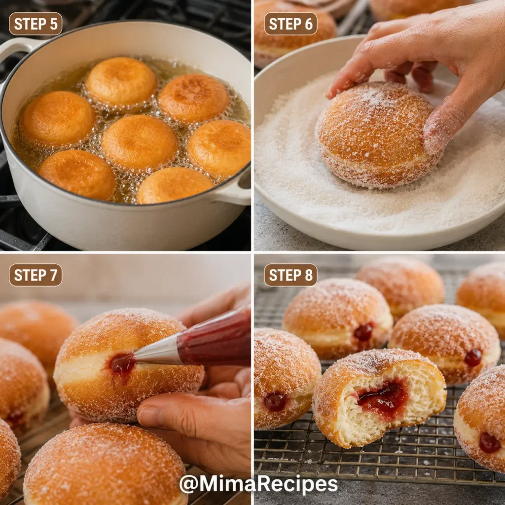 Four-step collage showing homemade Berliner donuts being fried in hot oil, coated in granulated sugar, filled with strawberry jam using a piping bag, and served with one donut cut open to reveal the jam filling.