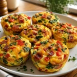 Homemade egg muffins with cheddar cheese, spinach, bell peppers and bacon