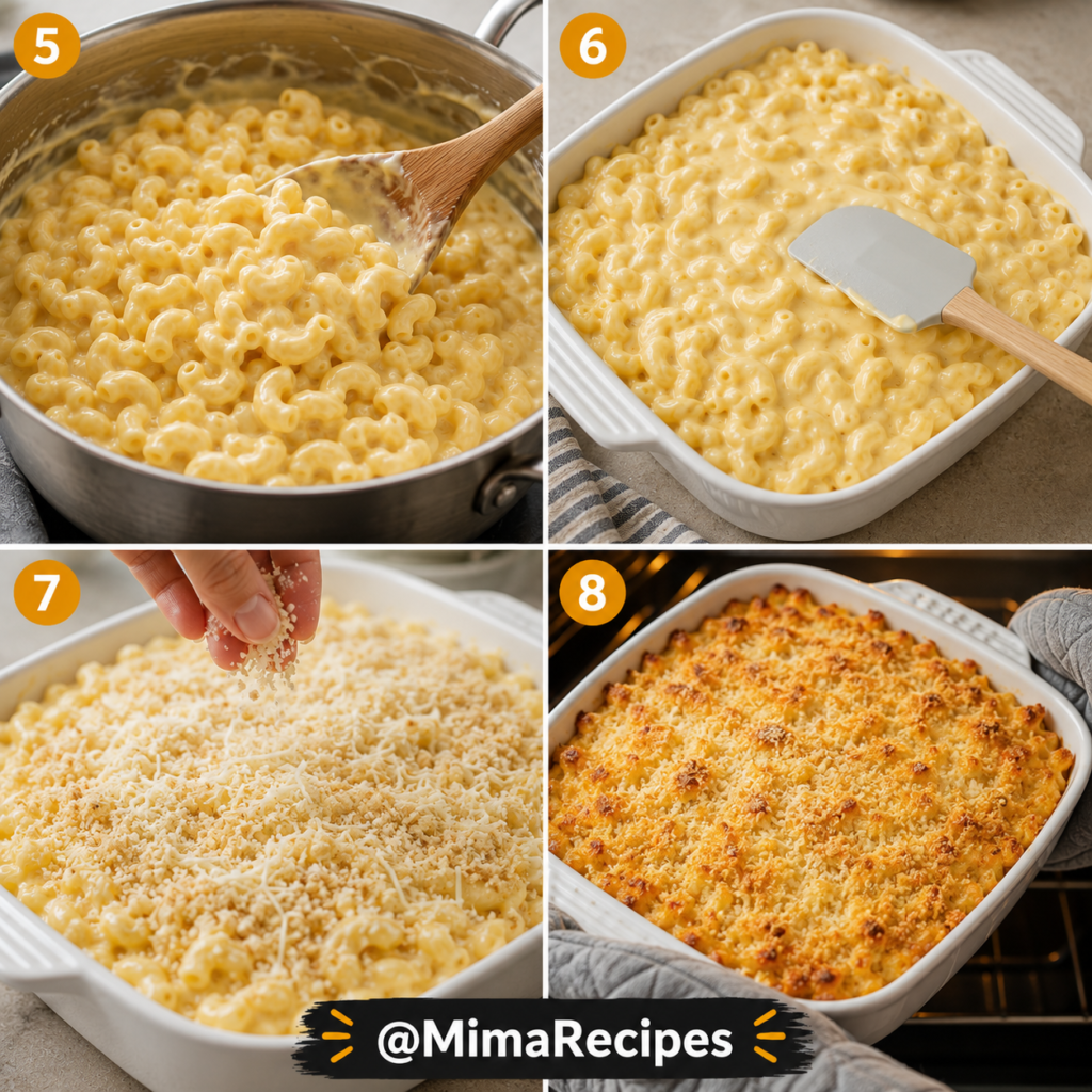Step-by-step collage showing creamy macaroni mixed with cheese sauce, transferred to a baking dish, topped with buttery panko breadcrumbs and Parmesan, then baked until golden and bubbly.