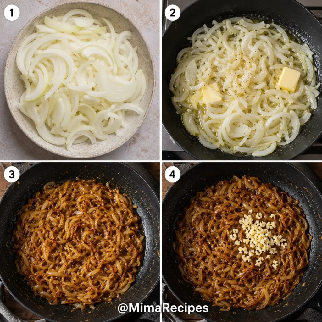 Step-by-step caramelized onion dip process showing sliced onions, sautéed onions, caramelized onions, and garlic added to the skillet.