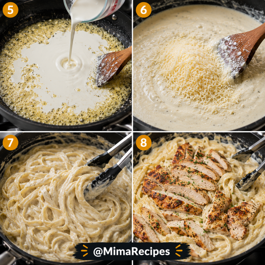 Step-by-step collage showing heavy cream being poured into garlic butter, Parmesan melting into Alfredo sauce, fettuccine tossed in creamy sauce, and sliced grilled chicken mixed into Chicken Alfredo pasta.