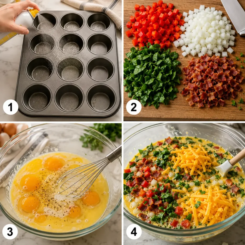 Step-by-step egg muffins recipe with eggs, cheddar, spinach, peppers and bacon