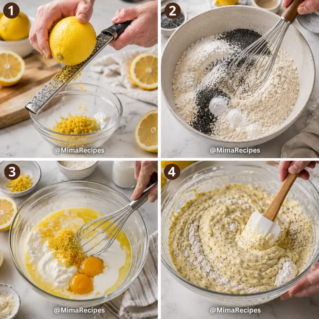 Step-by-step process for making Lemon Poppyseed Muffins, including zesting lemons, mixing dry ingredients, whisking wet ingredients, and folding the batter.
