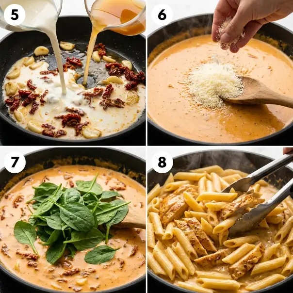 Cooking seasoned chicken and preparing the pasta for a creamy Tuscan chicken pasta recipe.