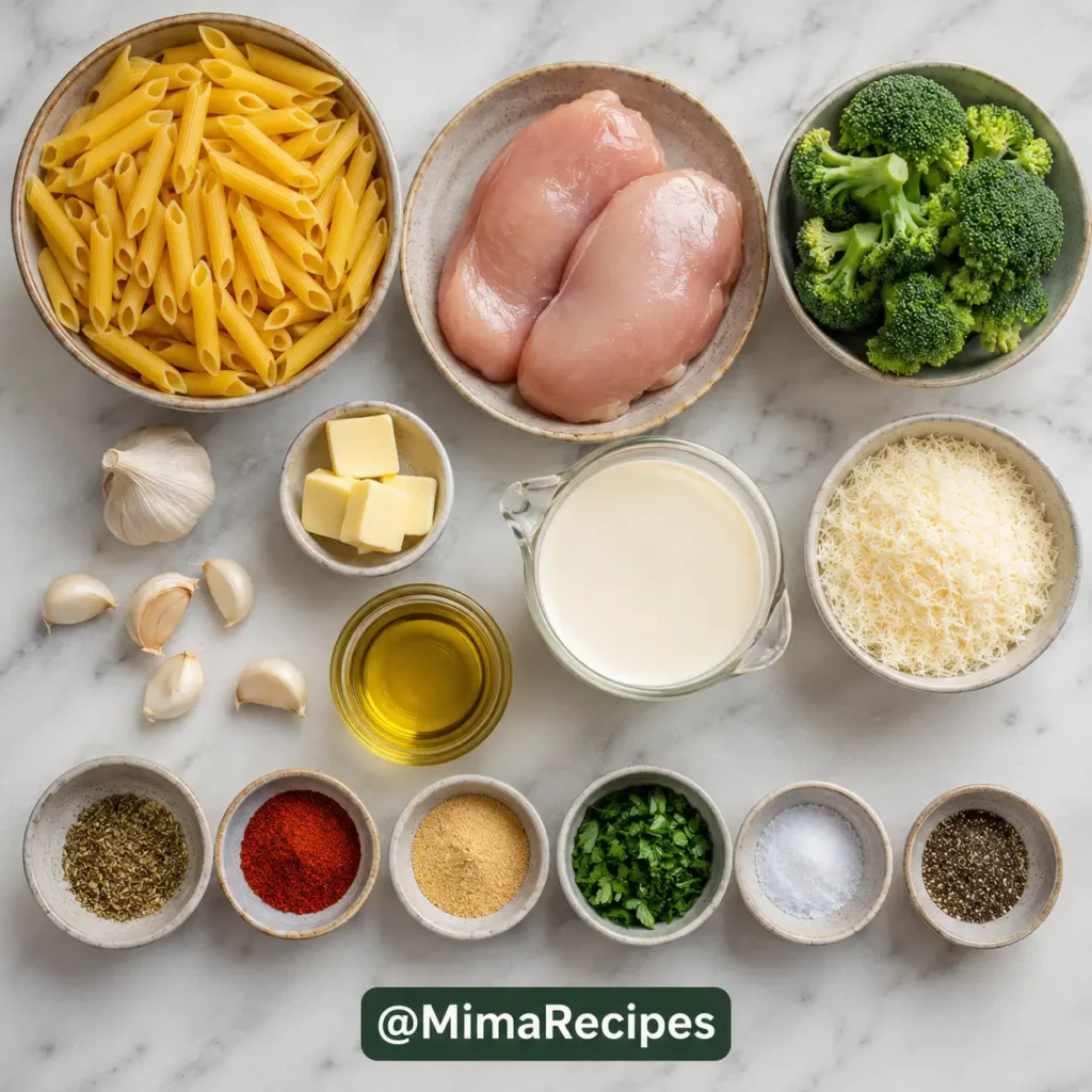 Ingredients for chicken broccoli pasta with chicken, broccoli, penne, garlic, Parmesan, and cream
