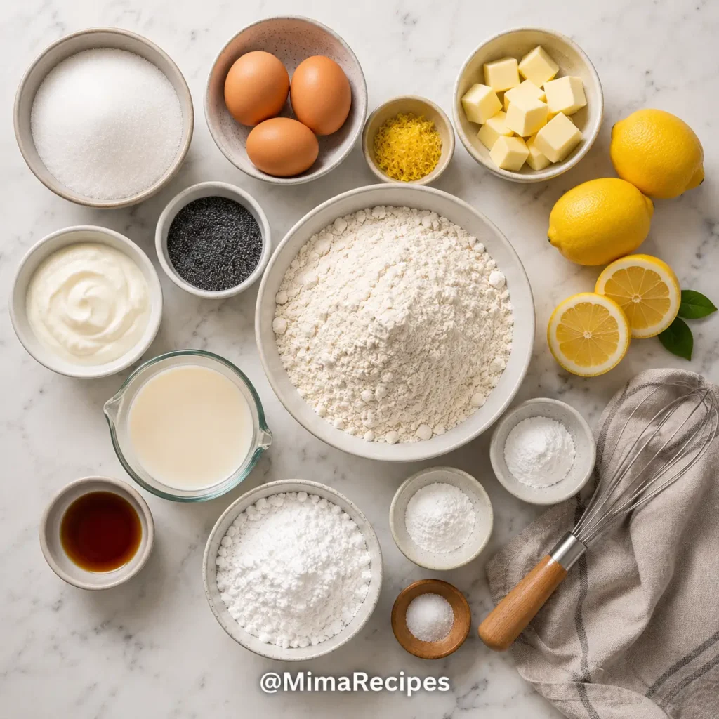 Ingredients for Lemon Poppyseed Muffins including flour, sugar, eggs, butter, lemons, poppy seeds, sour cream, milk, vanilla, and baking powder.