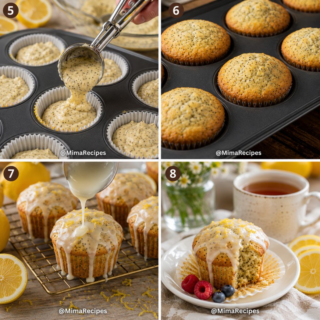 Step-by-step collage showing filling muffin cups, baking Lemon Poppyseed Muffins, glazing with lemon icing, and serving with tea.