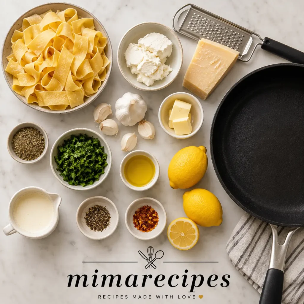 Pappardelle pasta recipe ingredients with goat cheese, Parmesan, garlic, lemon and parsley