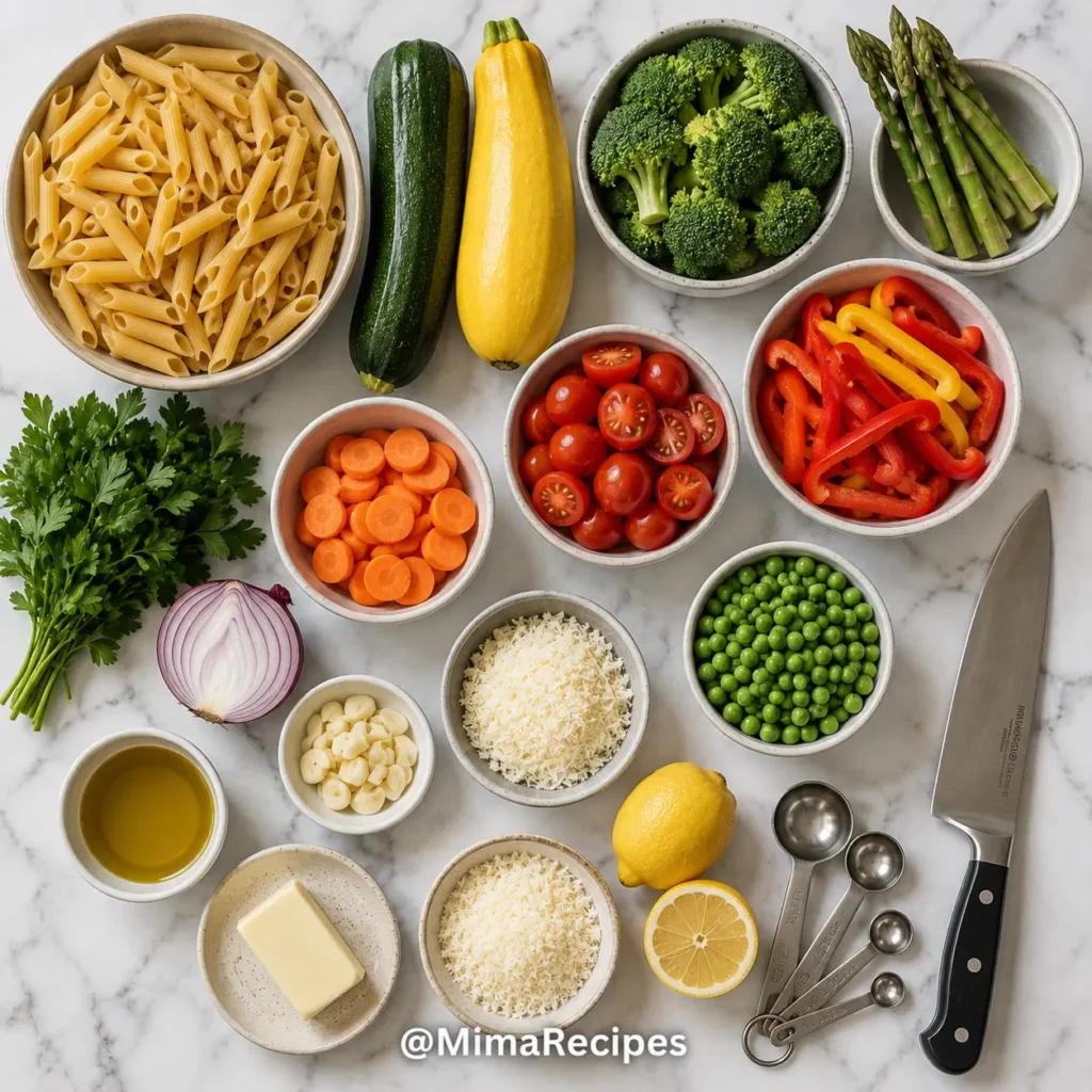 Flat lay of penne pasta, fresh vegetables, Parmesan cheese, butter, olive oil, garlic, parsley, lemon, and cooking tools arranged on a white marble countertop.