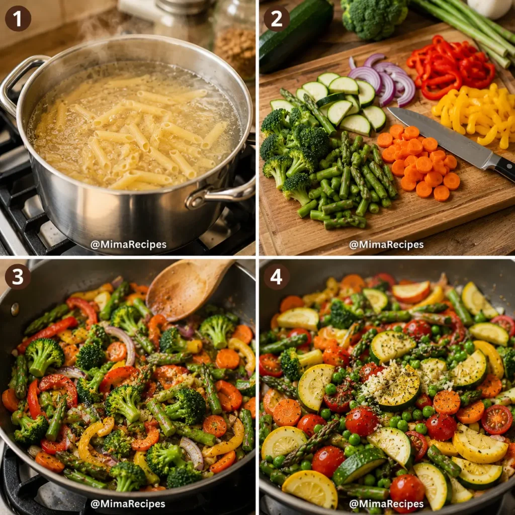 Step-by-step collage showing boiling penne pasta, slicing fresh vegetables, sautéing vegetables in butter and olive oil, and adding zucchini, tomatoes, peas, and seasonings for Pasta Primavera.
