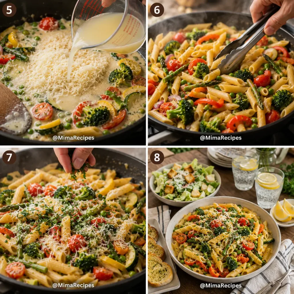 Step-by-step collage showing the final stages of making Pasta Primavera, including preparing the Parmesan sauce, tossing penne with vegetables, garnishing with parsley and Parmesan, and serving with garlic bread and Caesar salad.