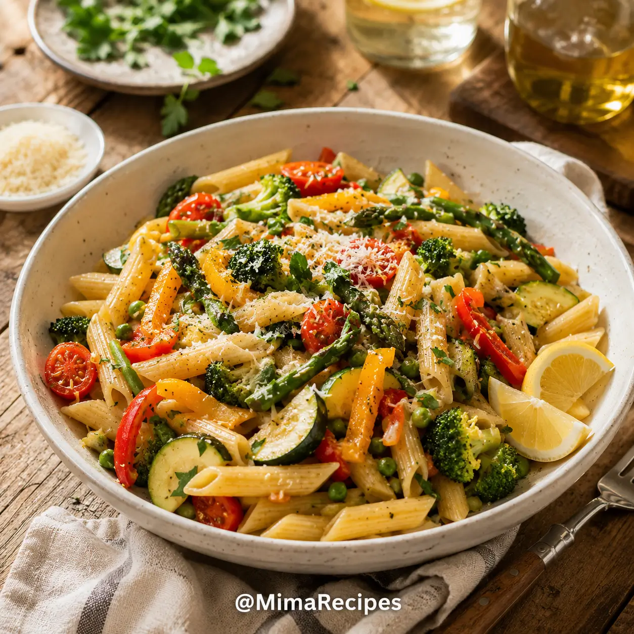 Homemade Pasta Primavera with penne pasta, broccoli, zucchini, asparagus, bell peppers, cherry tomatoes, peas, Parmesan cheese, and fresh parsley.