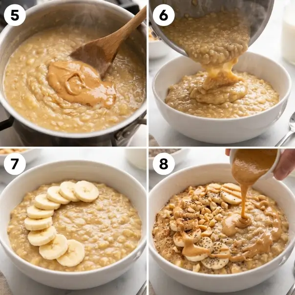Peanut butter banana oatmeal cooking and serving steps with banana and peanuts
