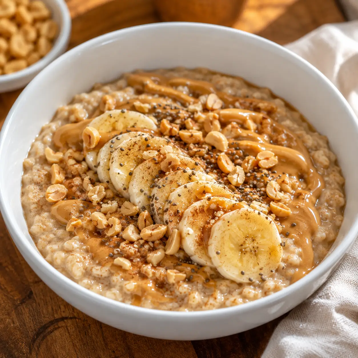 Peanut butter banana oatmeal topped with banana, peanuts, cinnamon and chia seeds