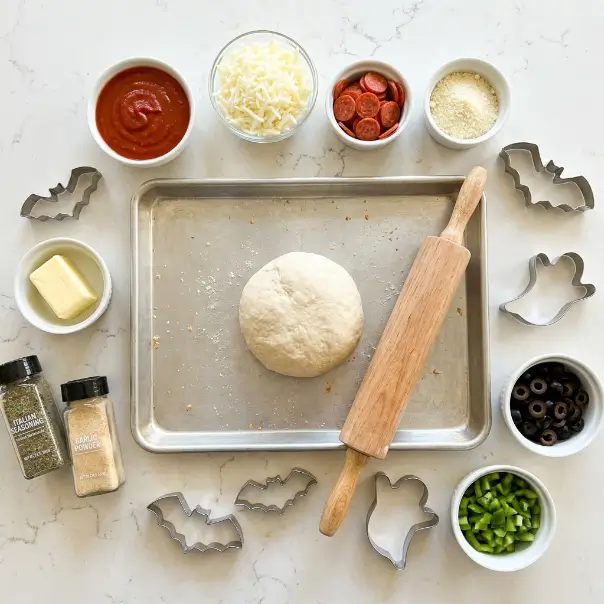 Ingredients for Pepperoni Cheese Recipe with pepperoni, mozzarella, Parmesan, pizza sauce, and dough