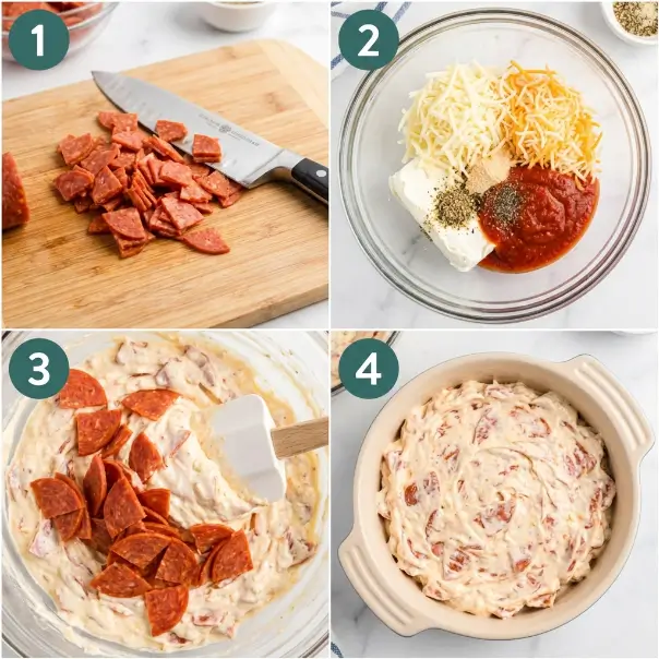 Pepperoni cheese recipe step-by-step preparation with chopped pepperoni, cheese mixture, and baking dish