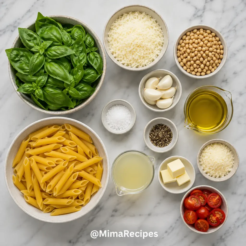 Flat lay of fresh pesto pasta ingredients including basil, Parmesan cheese, pine nuts, garlic, olive oil, spaghetti, butter, and cherry tomatoes on a white marble surface.