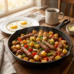 Sausage and potato skillet with crispy potatoes, peppers and onions