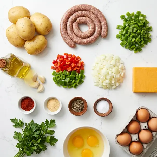 Sausage and potato skillet ingredients with potatoes, sausage, peppers and onions