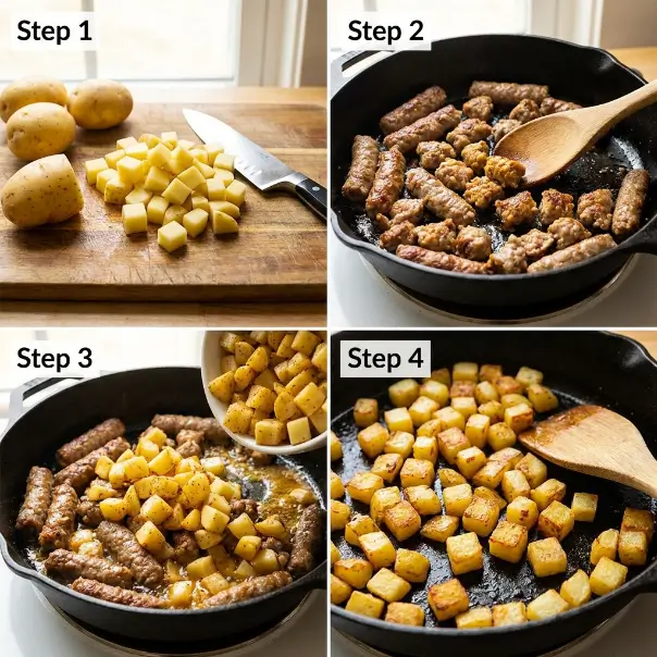 Sausage and potato skillet step-by-step with diced potatoes and browned sausage