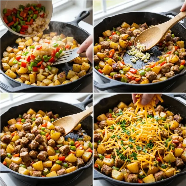 Sausage and potato skillet with peppers, onions, garlic and cheddar cheese