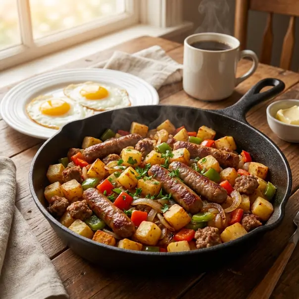 Sausage and potato skillet with crispy potatoes, peppers and onions