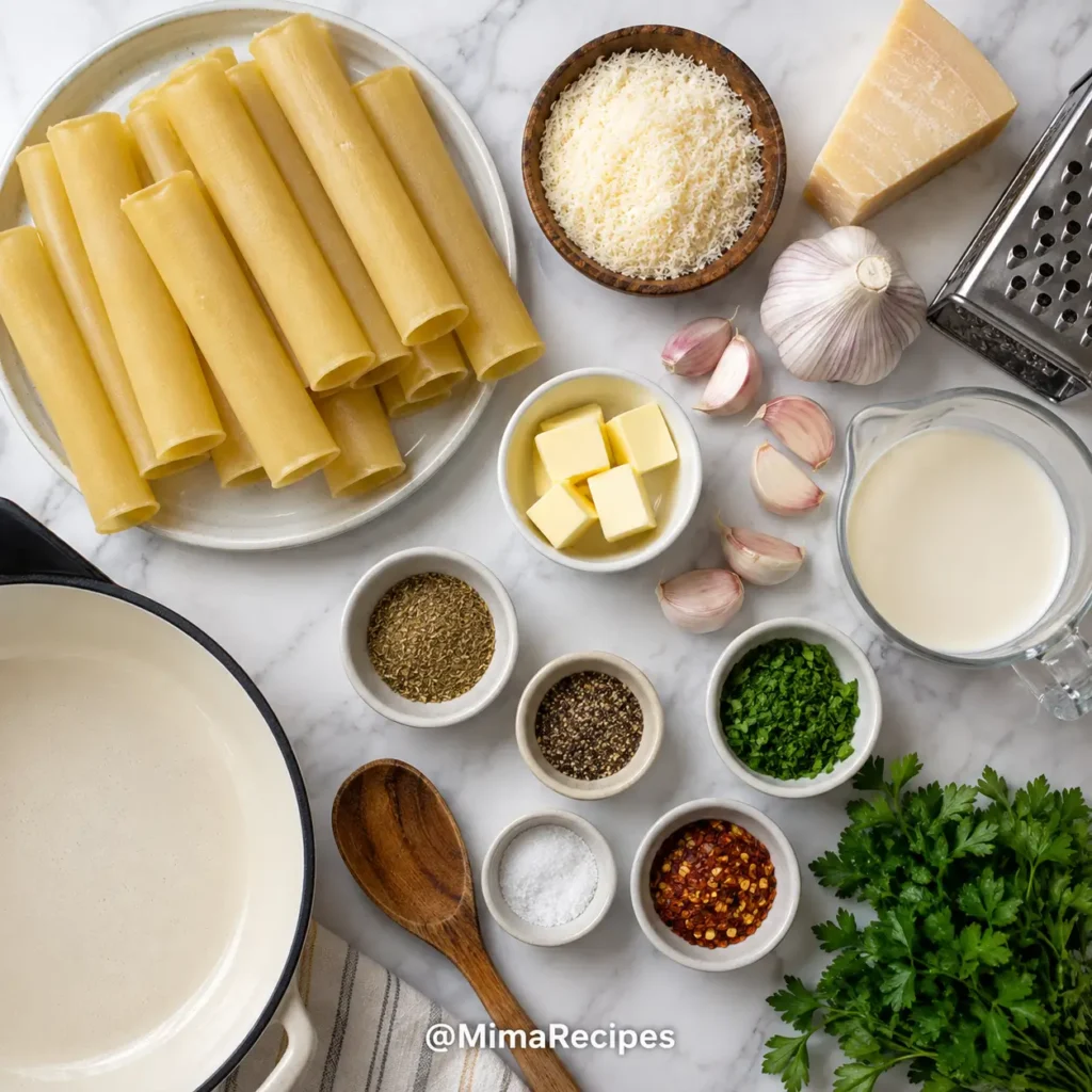 Ingredients for creamy garlic Parmesan cannelloni including cannelloni, Parmesan cheese, garlic, butter, heavy cream, parsley, and Italian seasoning.