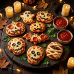 Spooky Halloween mini pizzas decorated as ghosts, skulls, pumpkins and mummies