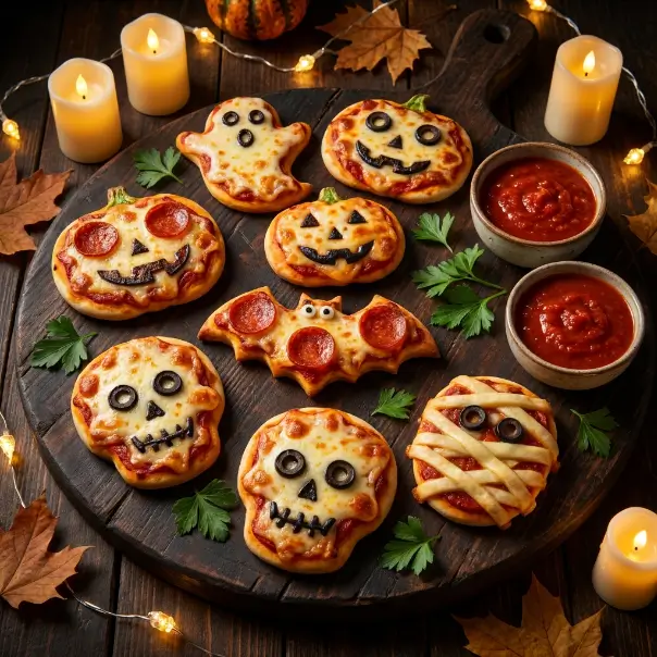Spooky Halloween mini pizzas decorated as ghosts, skulls, pumpkins and mummies