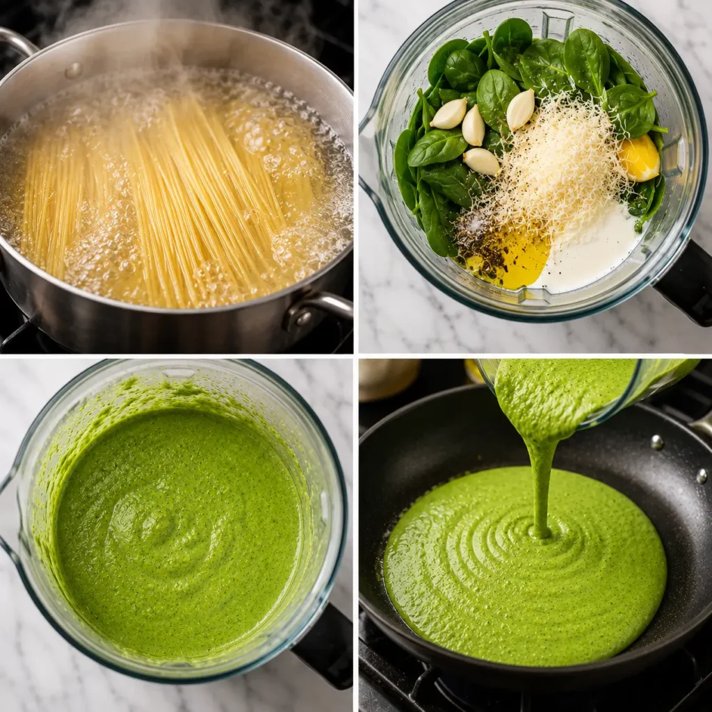 Step-by-step Green Spaghetti Pasta recipe showing spaghetti cooking, spinach sauce blending, and creamy green sauce warming in a skillet.