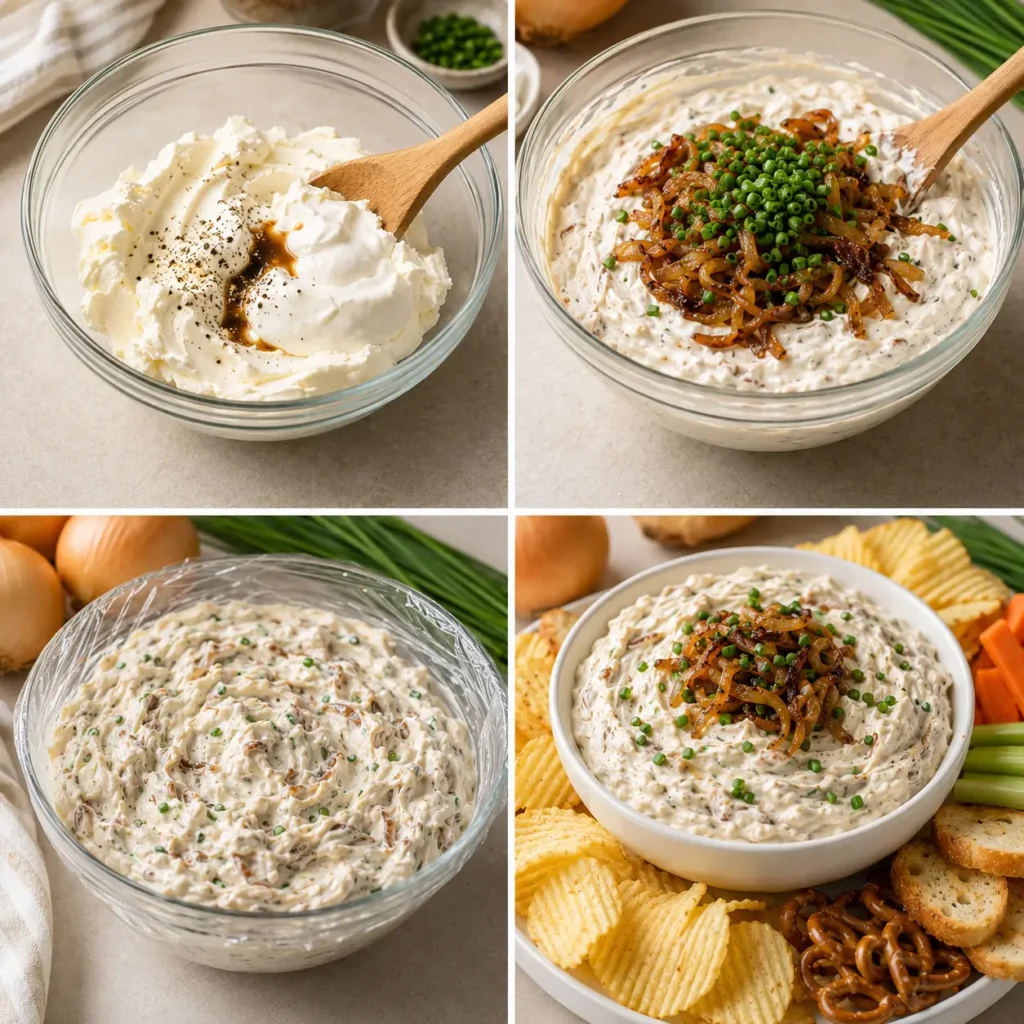 Step-by-step guide to caramelizing onions for creamy homemade onion dip.
