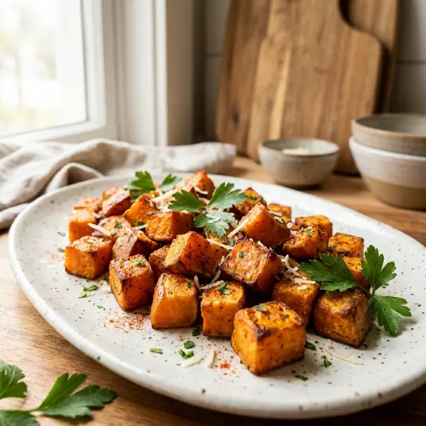 Sweet Potato Bites with crispy golden edges, Parmesan, smoked paprika, and fresh parsley