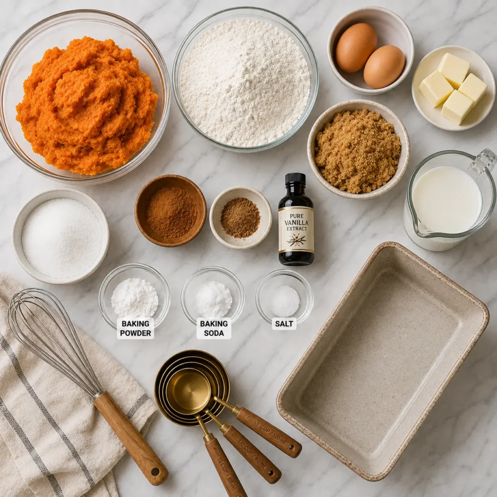 Flat lay of mashed sweet potatoes, all-purpose flour, eggs, butter, brown sugar, granulated sugar, cinnamon, nutmeg, vanilla extract, milk, baking powder, baking soda, salt, whisk, measuring cups, and loaf pan arranged on a white marble countertop.