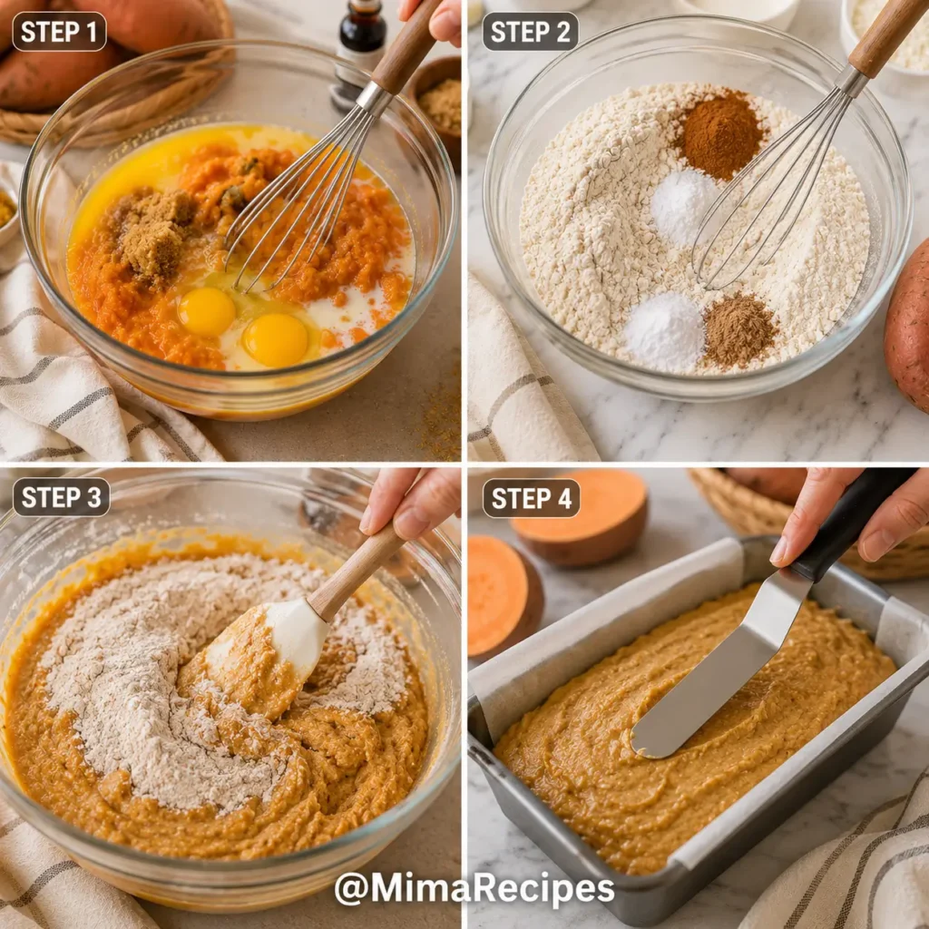 Four-step collage showing how to make sweet potato bread by mixing mashed sweet potatoes with wet ingredients, whisking dry ingredients, folding the batter together, and pouring it into a parchment-lined loaf pan.