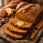 Ultra-realistic homemade Sweet Potato Cinnamon Bread on a rustic wooden cutting board with thick slices revealing a moist golden-orange crumb, topped with melting butter, lightly dusted with cinnamon, surrounded by cinnamon sticks and roasted sweet potatoes in warm natural morning light.