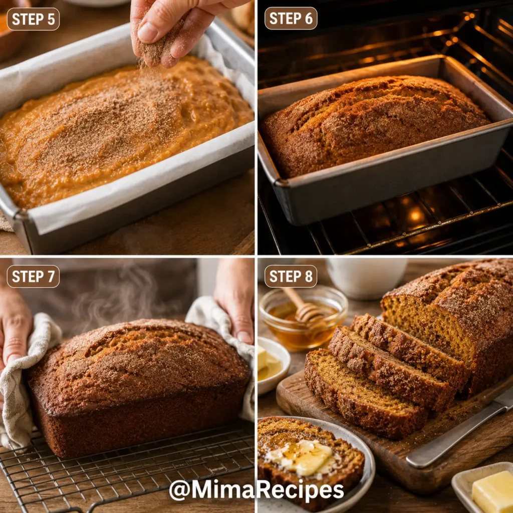Four-step collage showing Sweet Potato Cinnamon Bread topped with cinnamon sugar, baking in the oven, cooling on a wire rack, and sliced with butter and honey for serving.
