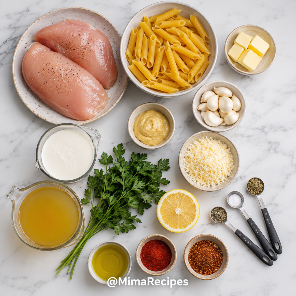 Flat lay of ingredients for Creamy Cajun Chicken Penne Pasta including chicken breasts, penne pasta, Parmesan cheese, garlic, butter, heavy cream, chicken broth, Dijon mustard, parsley, lemon, olive oil, Cajun seasoning, smoked paprika, and measuring spoons.