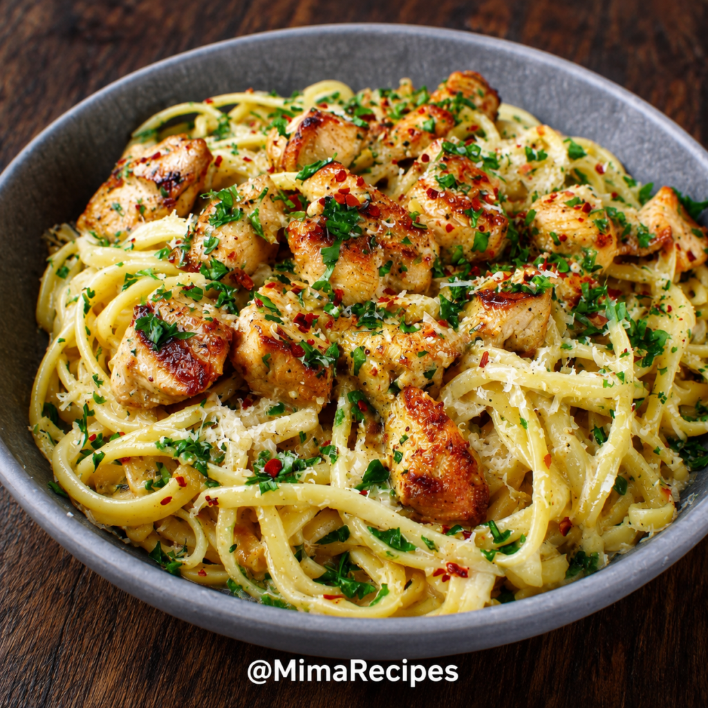 Creamy Garlic Chicken Pasta with juicy chicken, Parmesan cheese, parsley, and garlic sauce in a bowl.