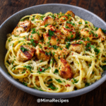 Creamy Garlic Chicken Pasta with juicy chicken, Parmesan cheese, parsley, and garlic sauce in a bowl.